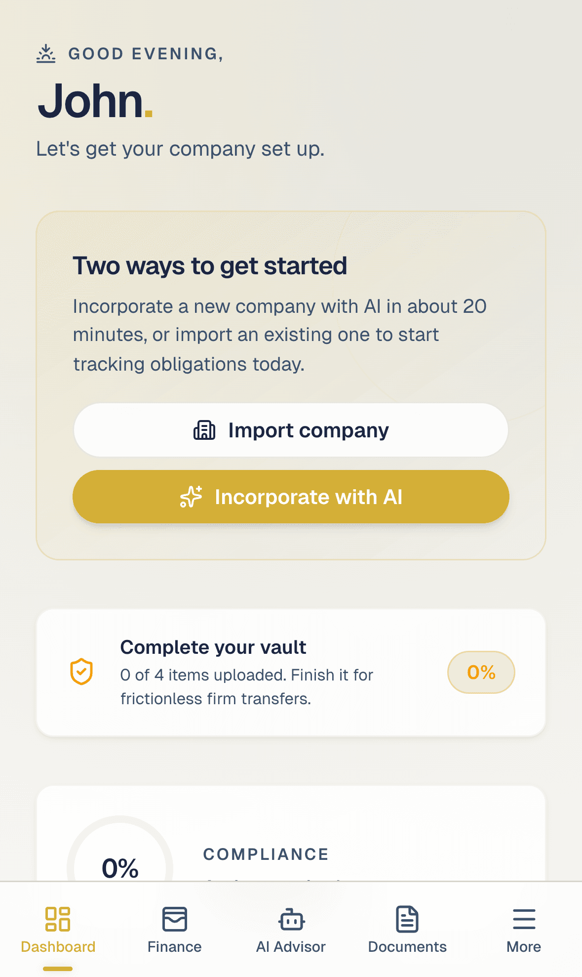 Founder dashboard with compliance score and obligations due
