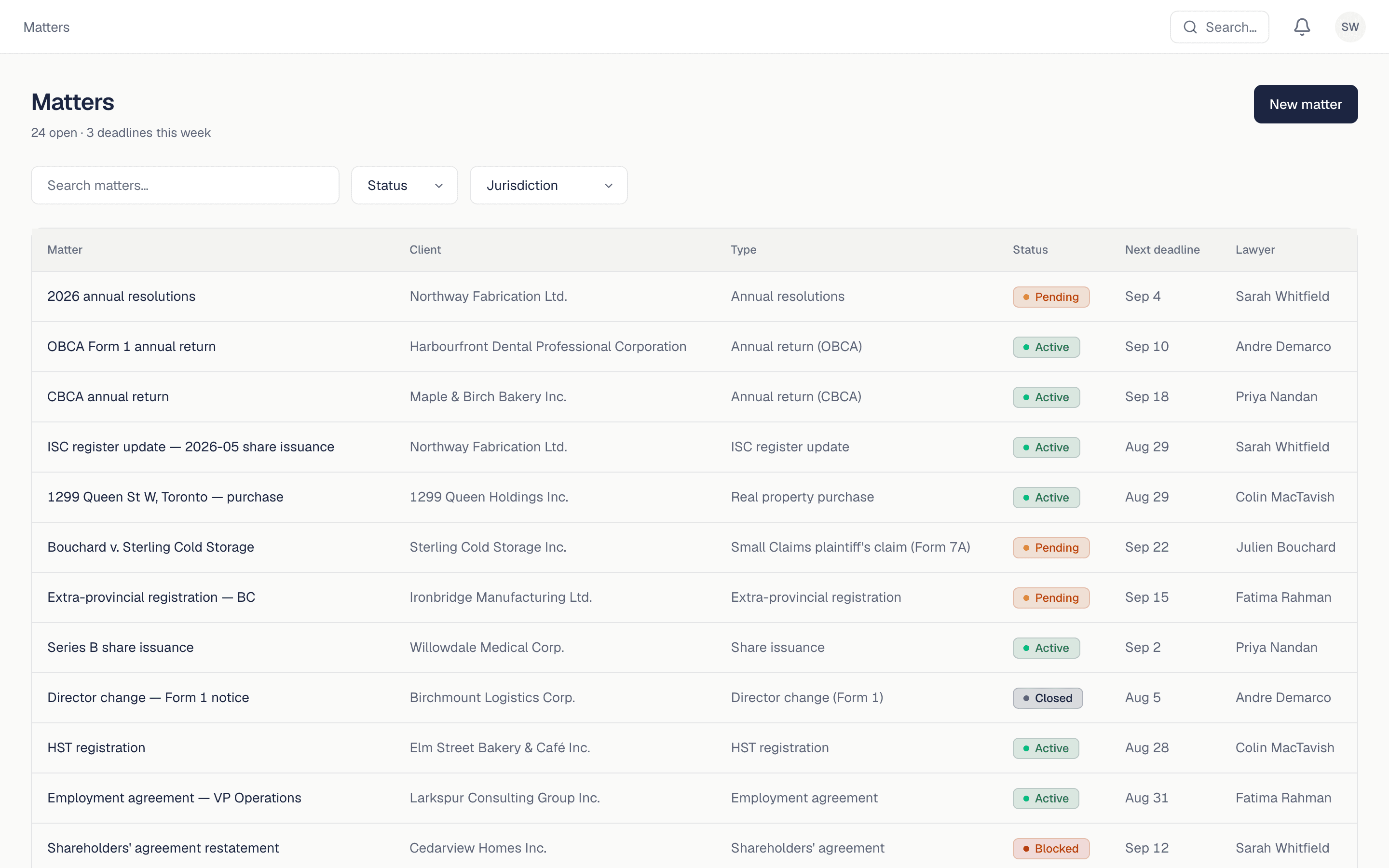 Matters list showing CBCA and OBCA annual returns, an ISC register update, and a small claims matter