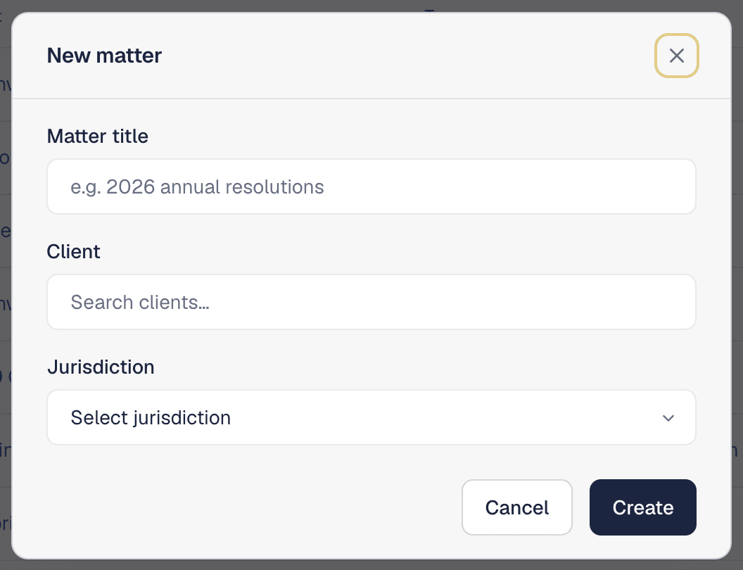 New matter dialog with a jurisdiction selector listing Ontario, Federal, British Columbia, Alberta, and Quebec